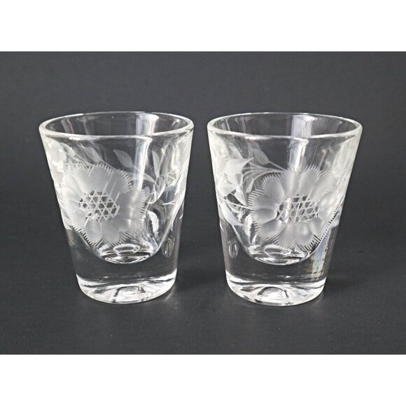 4 Vintage Etched CORNFLOWER Shot Glasses Hughes Barware - Picture 2 of 4